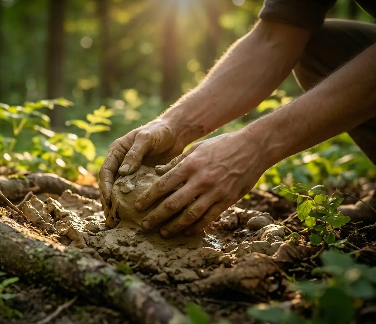 Hands foraging and working with raw wild clay in a forest setting.